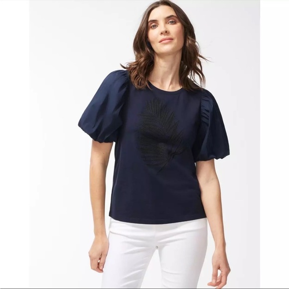 Chico's Tops - Chico’s Size (4) XXL Navy Puff Sleeve Embroidered Women’s Pullover Top